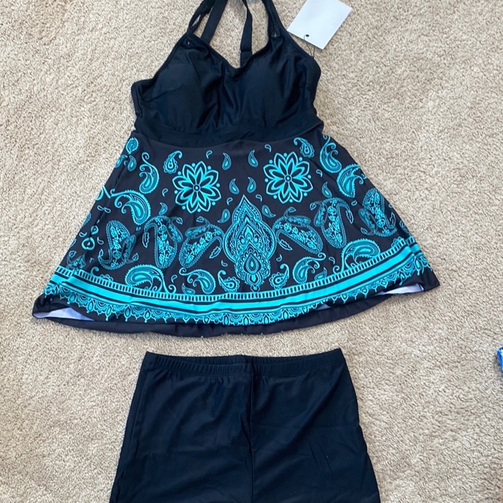 Women's Black and Blue Paisley Swim Suit